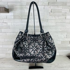 BRIGHTON VALENCIA METALLIC PEWTER FLORAL EMBROIDERED HANDBAG SHOLDER BAG PURSE
